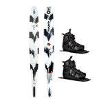 Top and base views of the Sabre ski with a white and black abstract design, shown with black Double Stance 130 ATOP Boots.