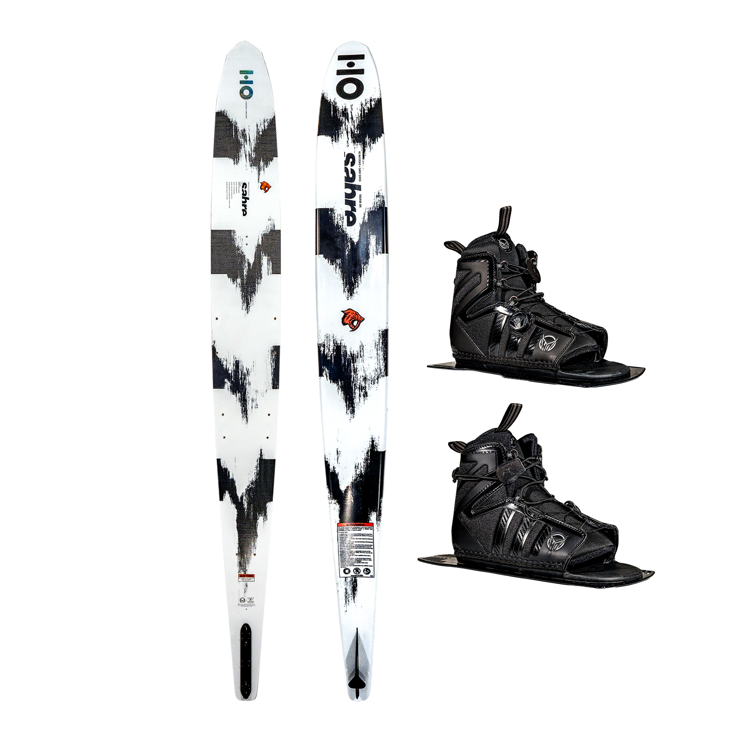 Top and base views of the Sabre ski with a white and black abstract design, shown with black Double Stance 130 ATOP Boots.