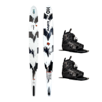 Top and base views of the Sabre ski with a white and black abstract design, shown with black Double Stance 130 Boots.