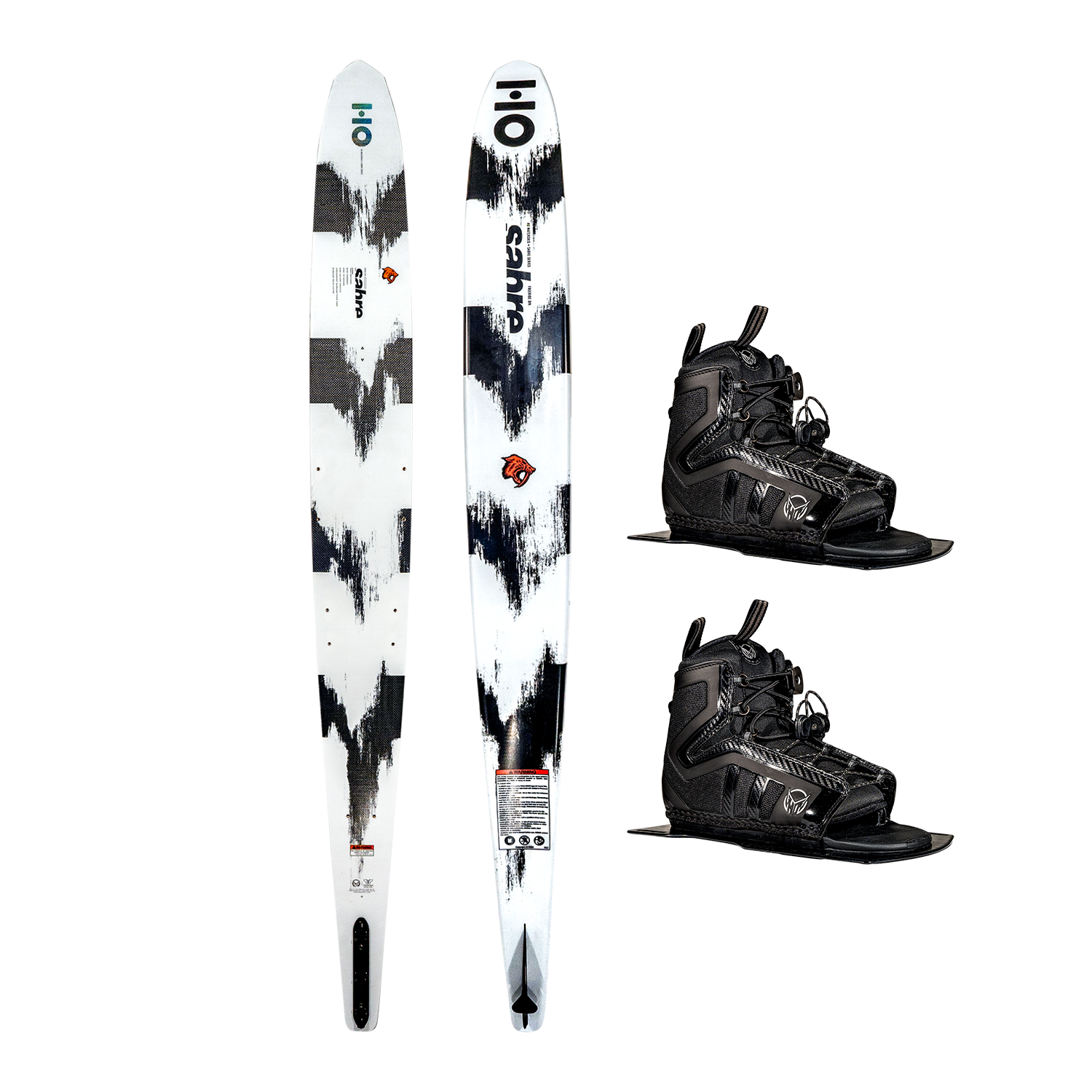 Top and base views of the Sabre ski with a white and black abstract design, shown with black Double Stance 130 Boots.