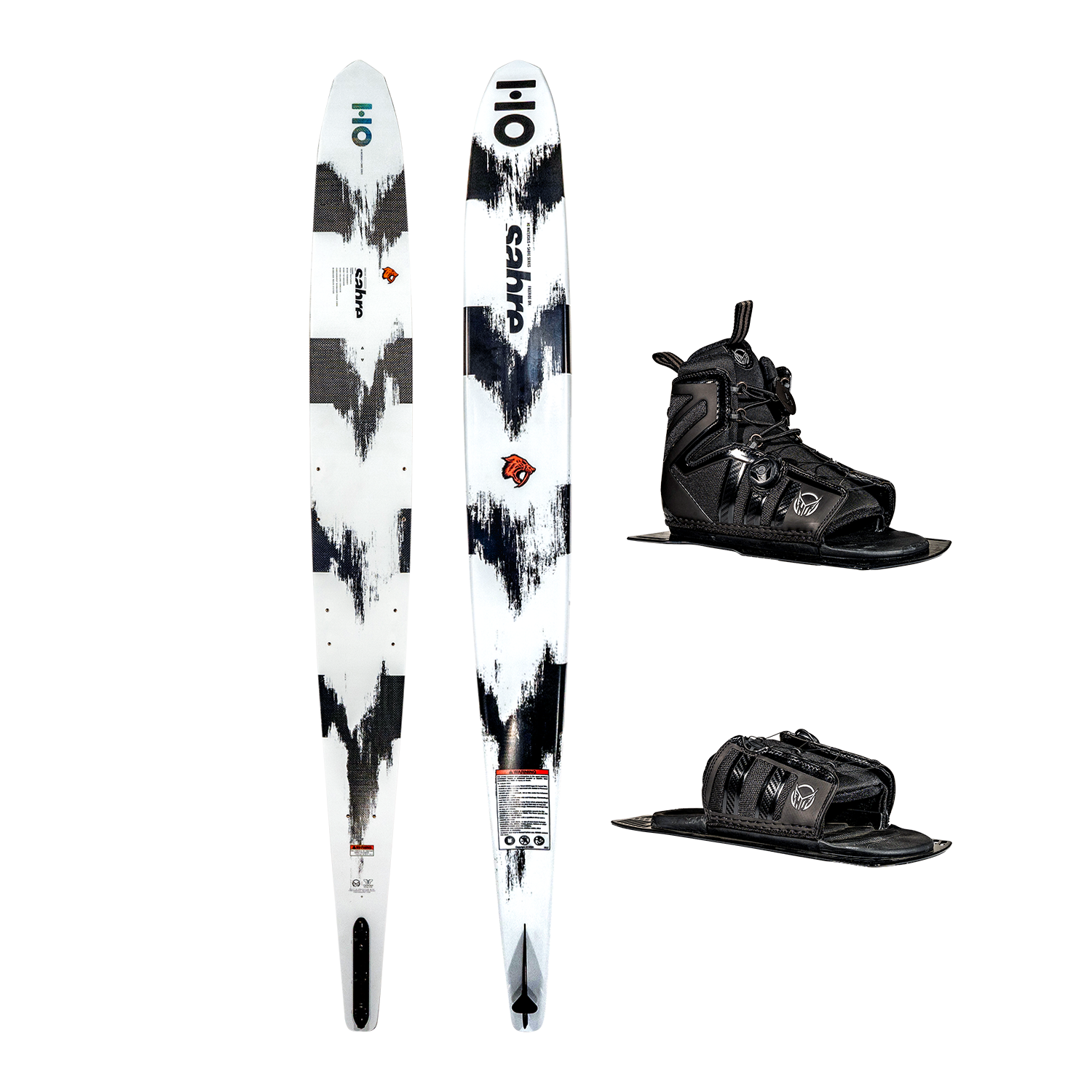 Top and base views of the Sabre ski with a white and black abstract design, shown with black Stance 130 ATOP boot and ARTP.