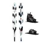 Top and base views of the Sabre ski with a white and black abstract design, shown with black Stance 130 Front Boot and ARTP.