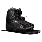 Angled view of the black Stance 110 Front boot with gray details, showing its open-toe design, lace adjusters, and footbed.