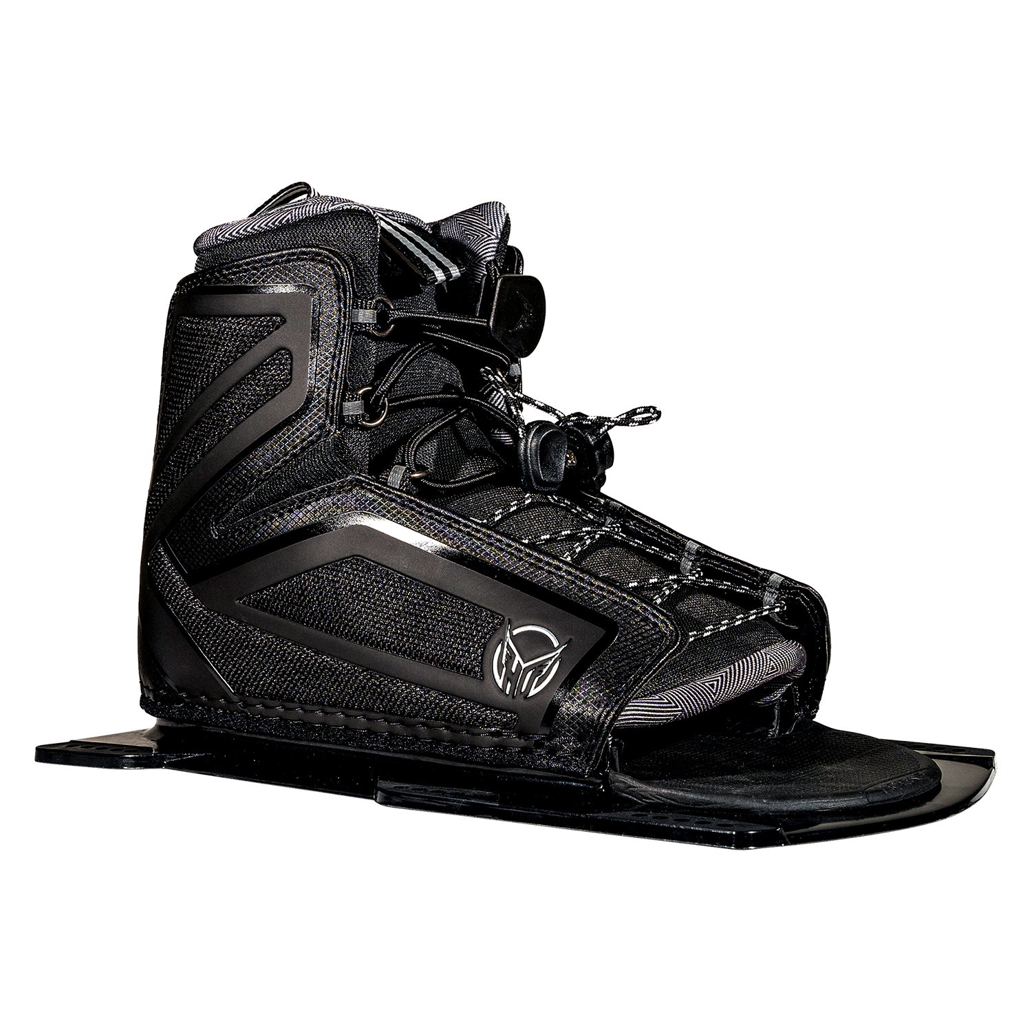 Angled view of the black Stance 110 Front boot with gray details, showing its open-toe design, lace adjusters, and footbed.