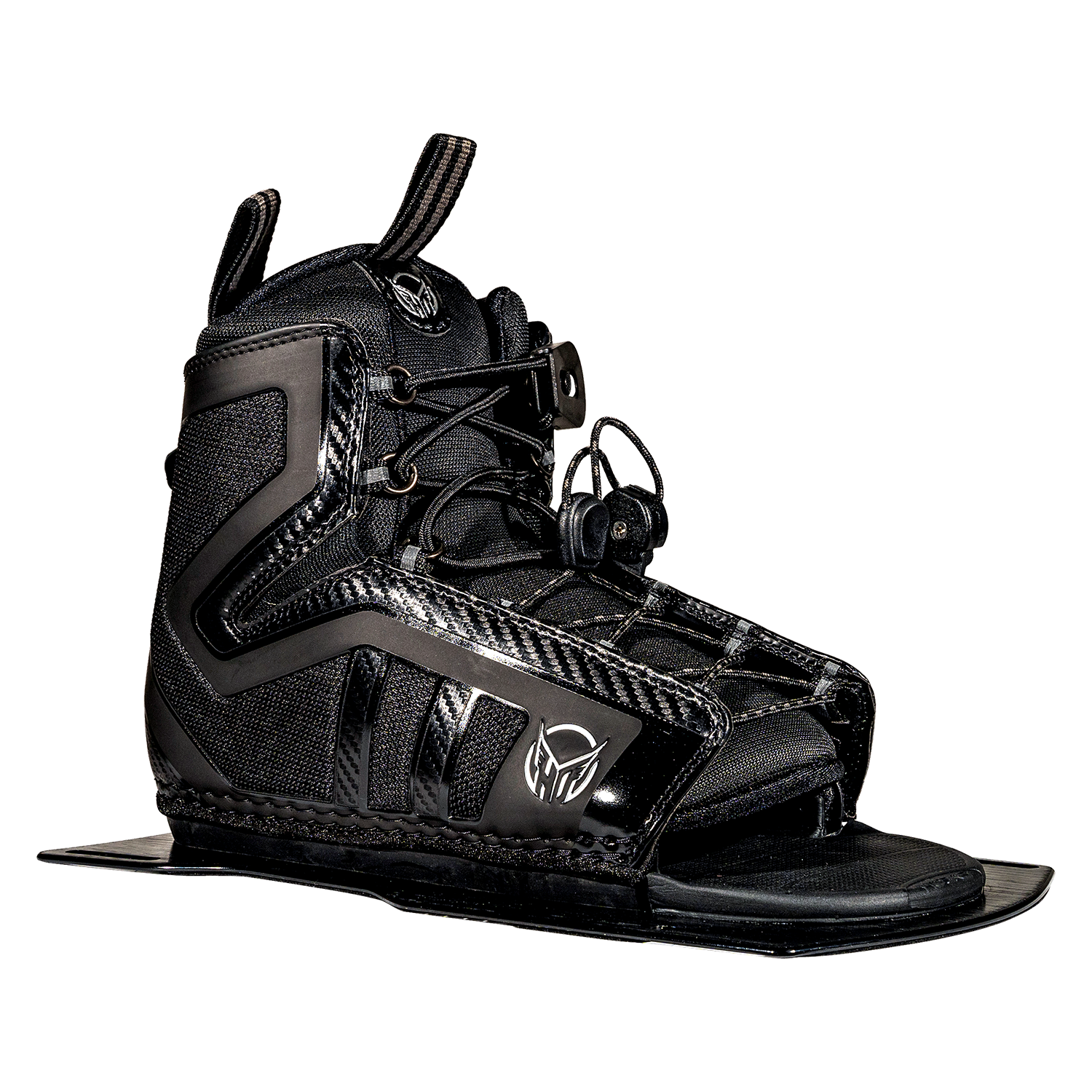 Angled view of Stance 130 Front waterski boot in black with a lace-up closure and reinforced side panels.