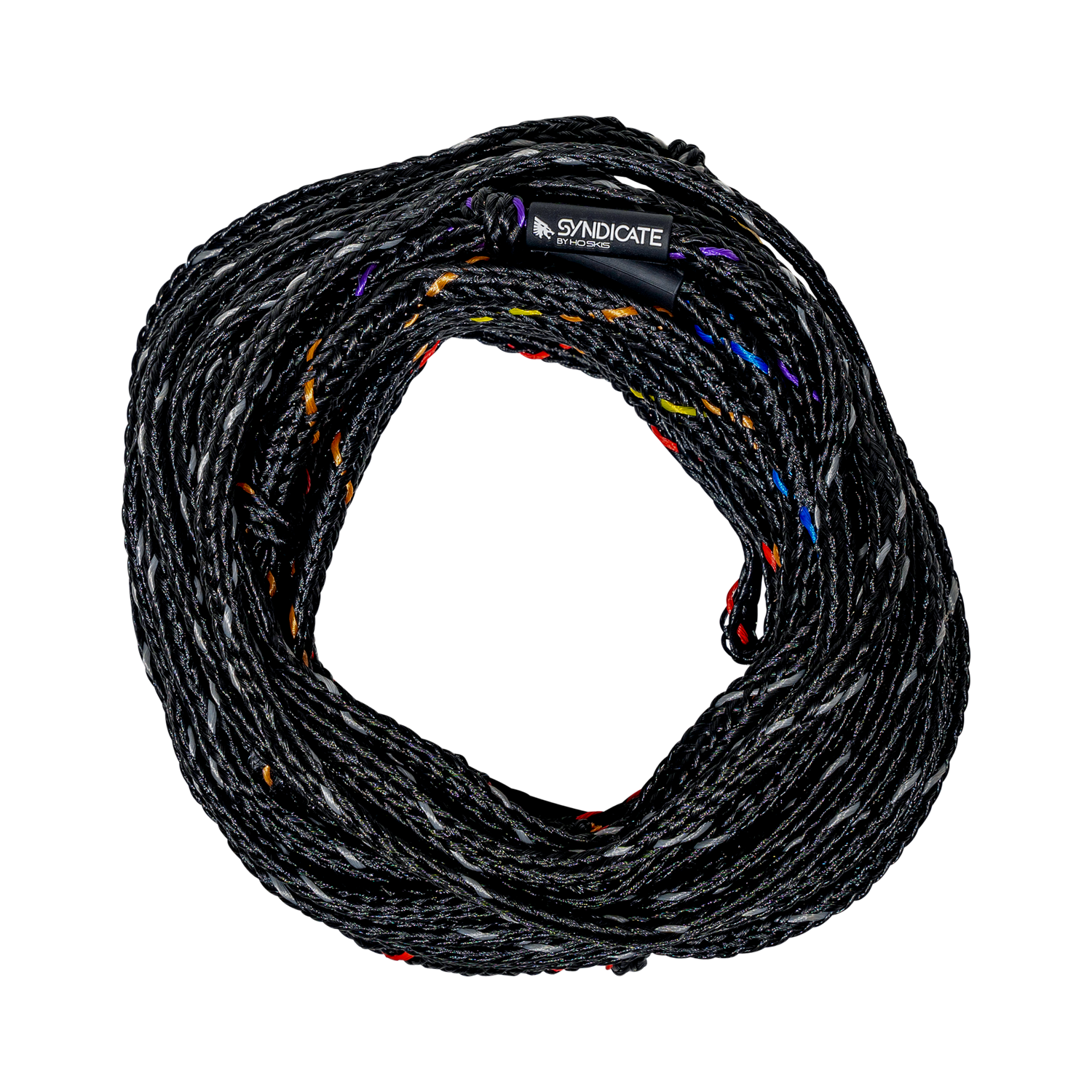 Top view of the Syndicate Powerline rope, coiled black mainline with colored markings and a branded label near the loop.