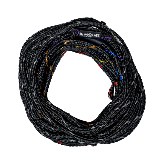 Top view of the Syndicate Powerline rope, coiled black mainline with colored markings and a branded label near the loop.