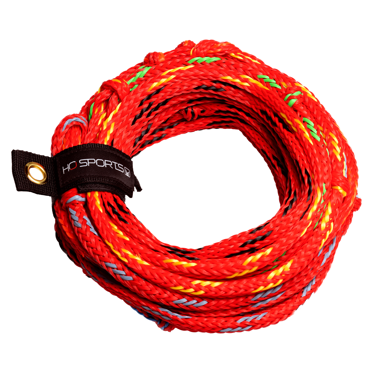 Coiled red waterski rope with black, yellow, and green accents, secured with a black HO Sports strap.