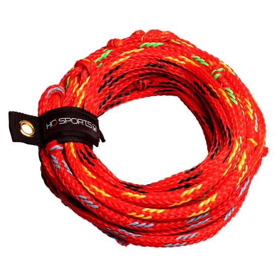 Coiled red waterski rope with black, yellow, and green accents, secured with a black HO Sports strap.