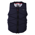 Front view of the Syndicate Zero Vest, a black zip-up waterski vest with a quilted pattern and subtle logo on the chest.