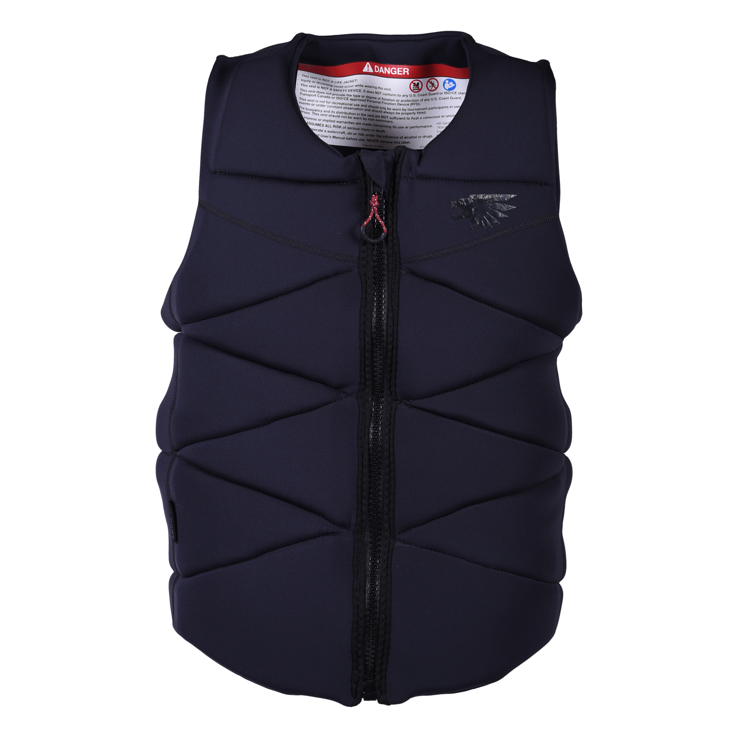 Front view of the Syndicate Zero Vest, a black zip-up waterski vest with a quilted pattern and subtle logo on the chest.