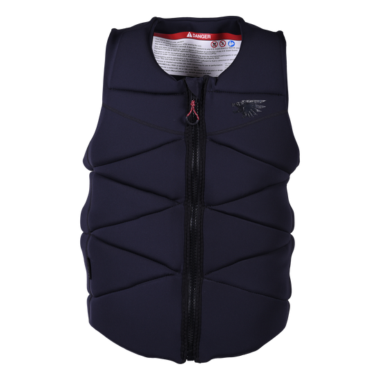 Front view of the Syndicate Zero Vest, a black zip-up waterski vest with a quilted pattern and subtle logo on the chest.