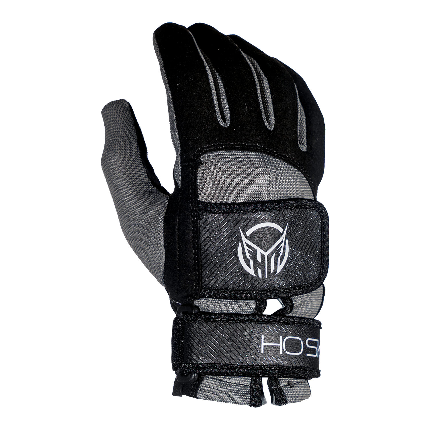 Front view of Pro Grip Glove in black and gray with HO logo and adjustable wrist strap.