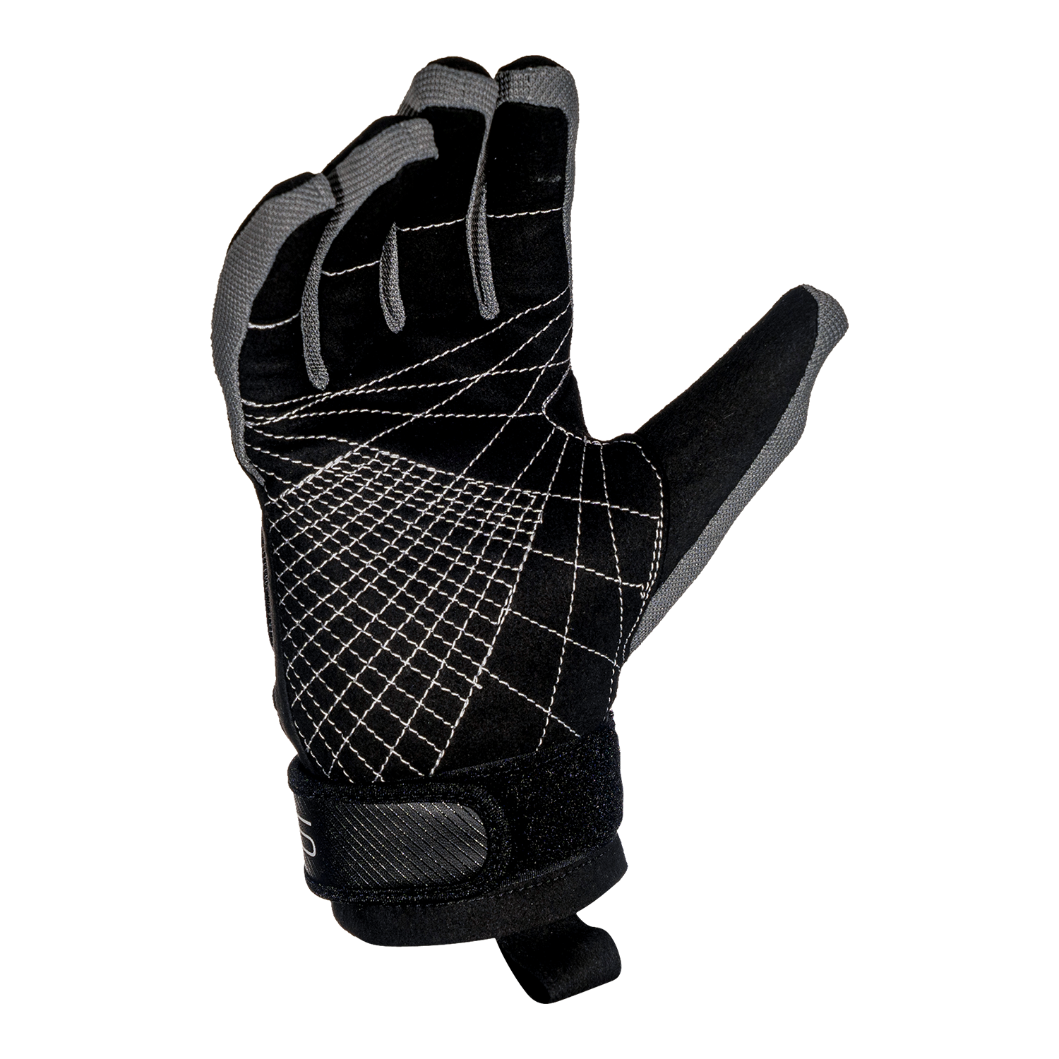 Angled palm view of Pro Grip Glove showing pre-curved fingers and reinforced stitching for grip.