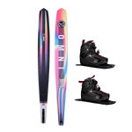 Side-by-side view of Women's Omni ski with a black top and rainbow gradient base, paired with black Double Stance 110 boots.