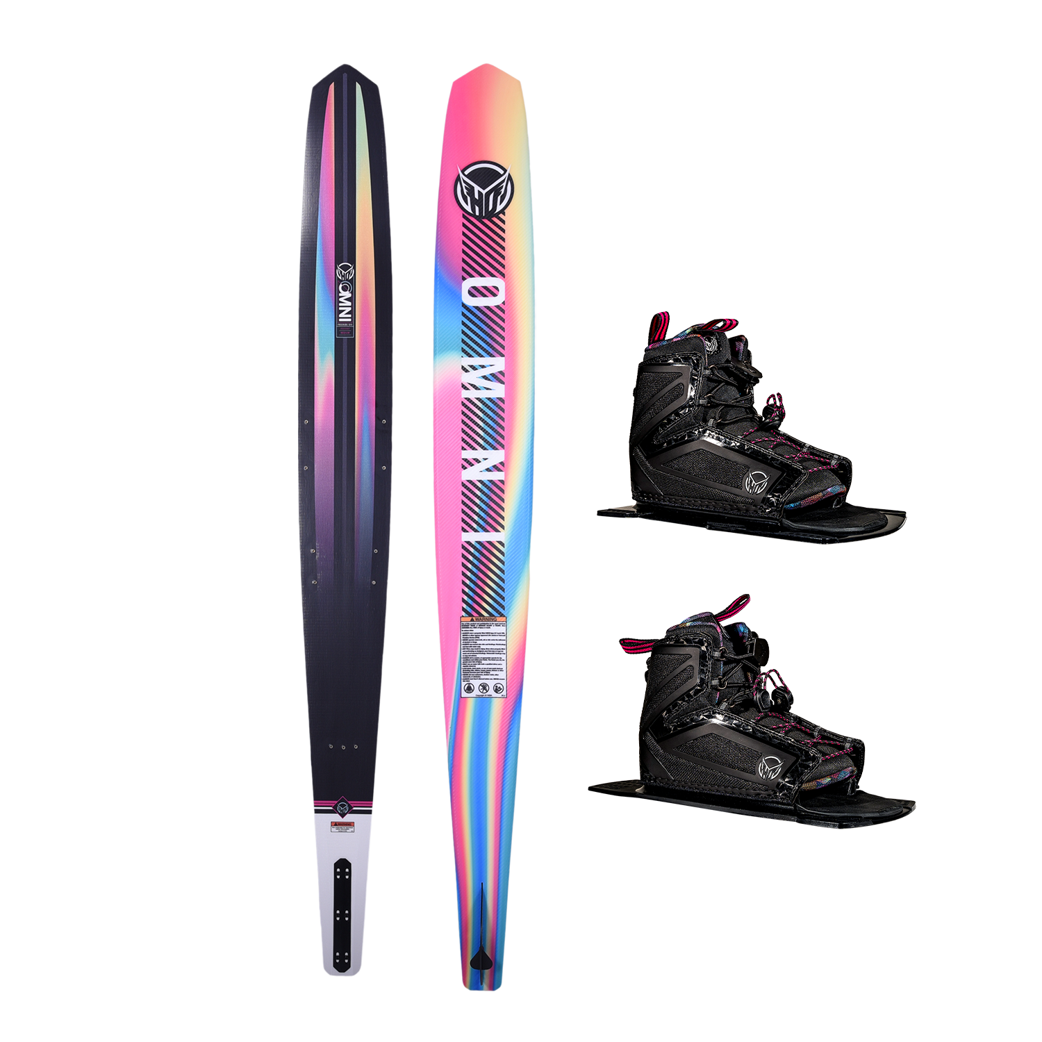 Side-by-side view of Women's Omni ski with a black top and rainbow gradient base, paired with black Double Stance 110 boots.