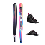 Side-by-side view of Women's Omni ski with black top and rainbow gradient base, with a black Stance 110 front boot and RTP.