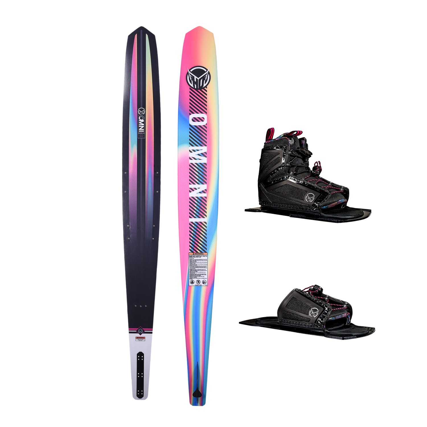 Side-by-side view of Women's Omni ski with black top and rainbow gradient base, with a black Stance 110 front boot and RTP.