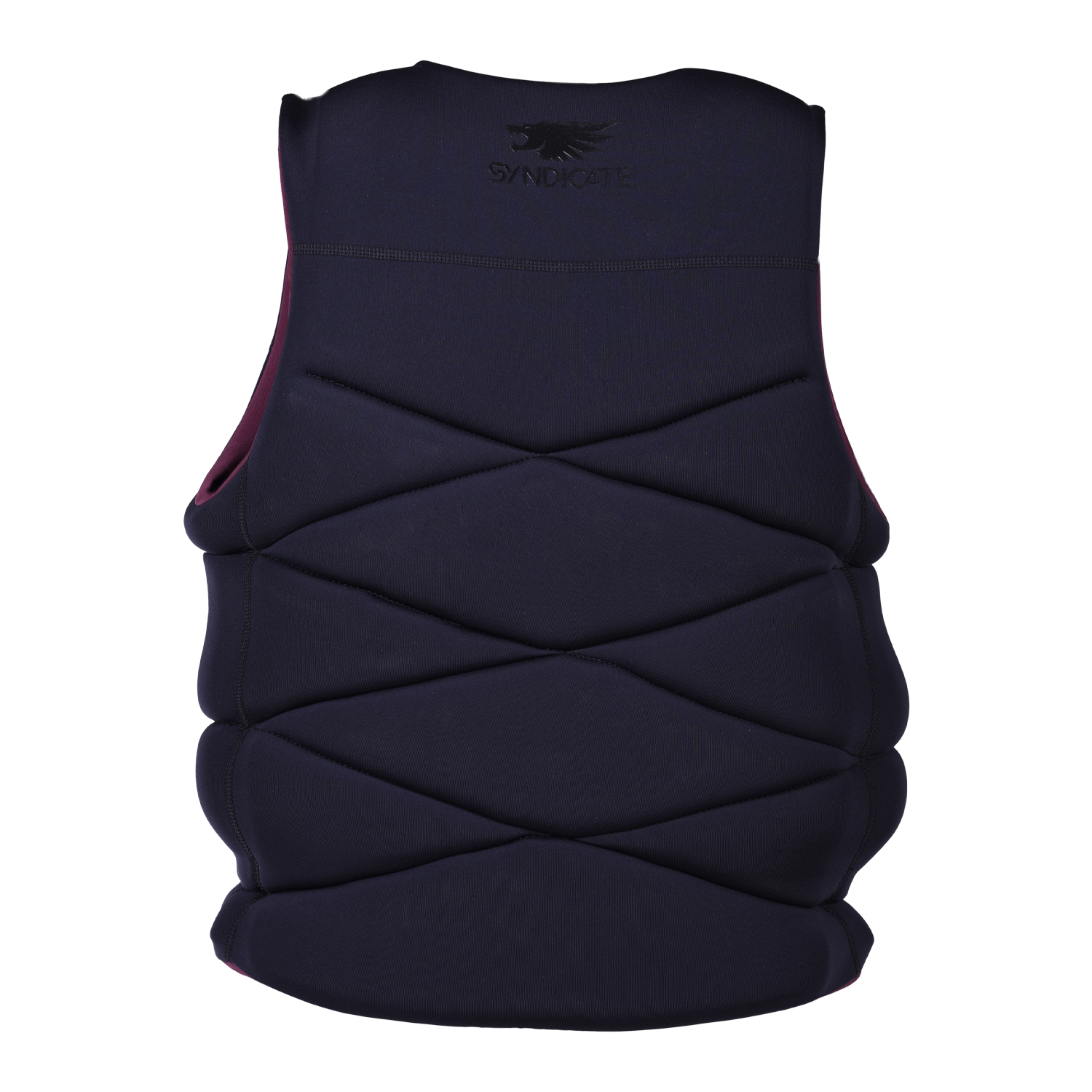 Back view of Women's Syndicate Zero Vest in black with quilted paneling and a tonal Syndicate logo.