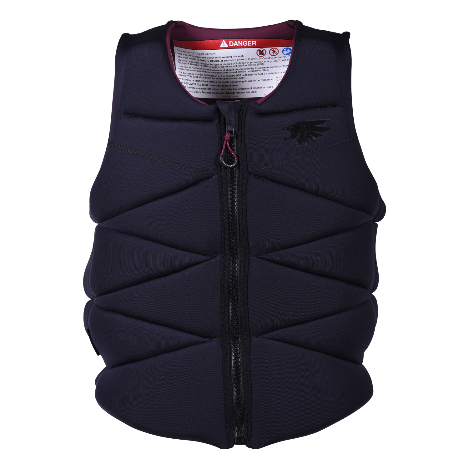 Front view of Women's Syndicate Zero Vest in black with a zippered closure, segmented padding, and subtle logo detailing.