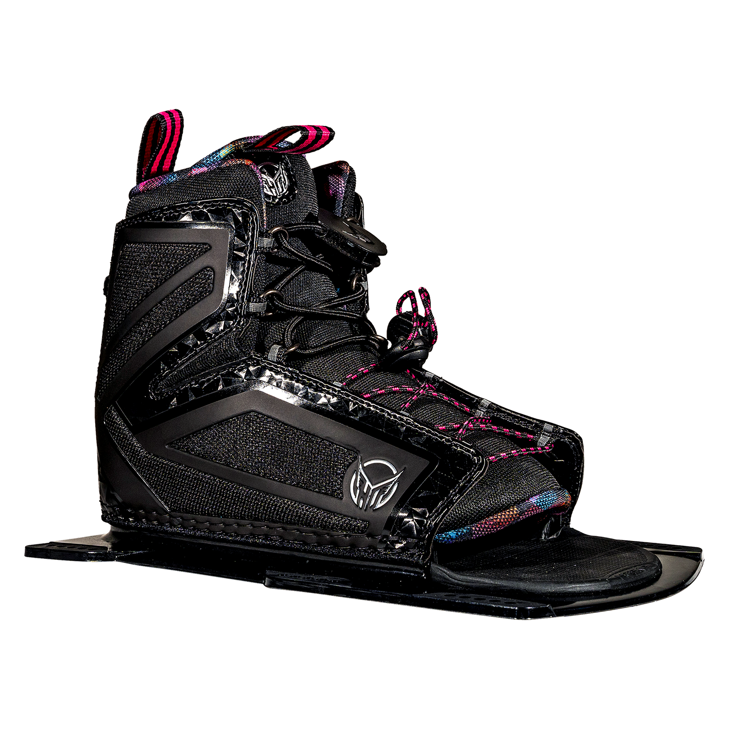 Three-quarter view of the Women's Stance 110 Front binding in black with pink laces, an open-toe design and supportive frame.