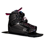 Three-quarter view of the Women's Stance 110 Front binding in black with pink laces, an open-toe design and supportive frame.