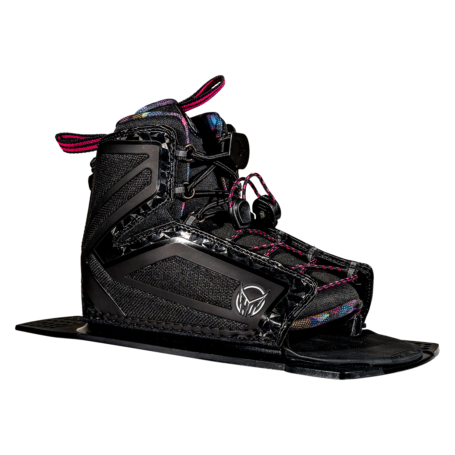 Three-quarter view of the Women's Stance 110 Front binding in black with pink laces, an open-toe design and supportive frame.