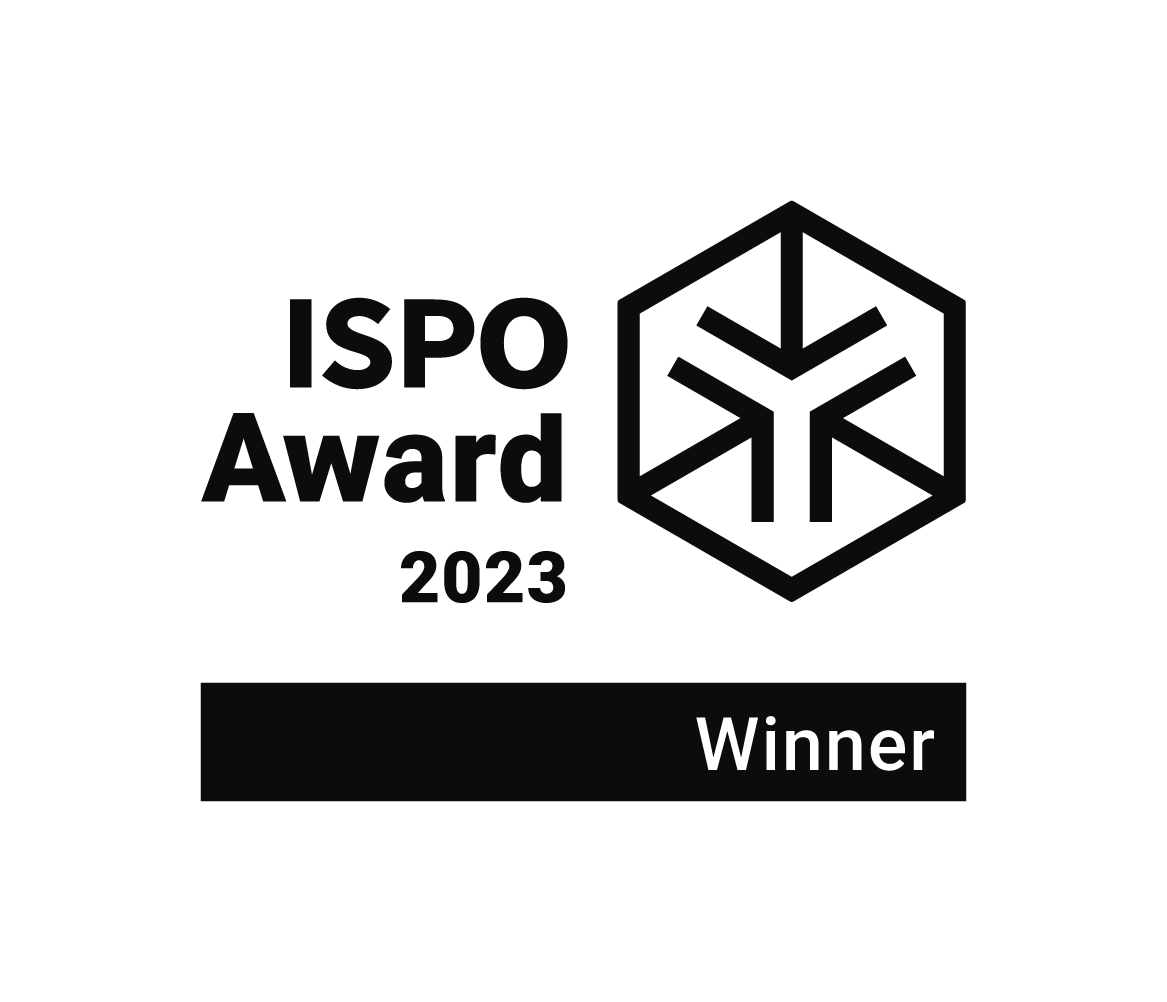 Black and white ISPO Award 2023 Winner logo with a hexagonal emblem.