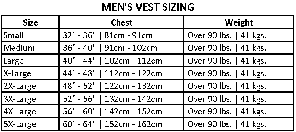 Men's vest sizing chart displaying chest measurements and weight recommendations for sizes Small to 5X-Large.