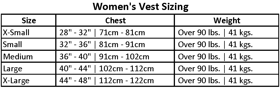 Women's vest sizing chart, listing chest measurements and weight recommendations from X-Small to X-Large.