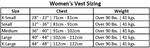 Women's vest sizing chart, listing chest measurements and weight recommendations from X-Small to X-Large.