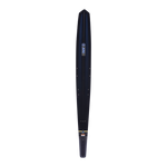 Top view of the Carbon OMNI slalom ski, featuring a black carbon fiber finish with blue and gold accents.