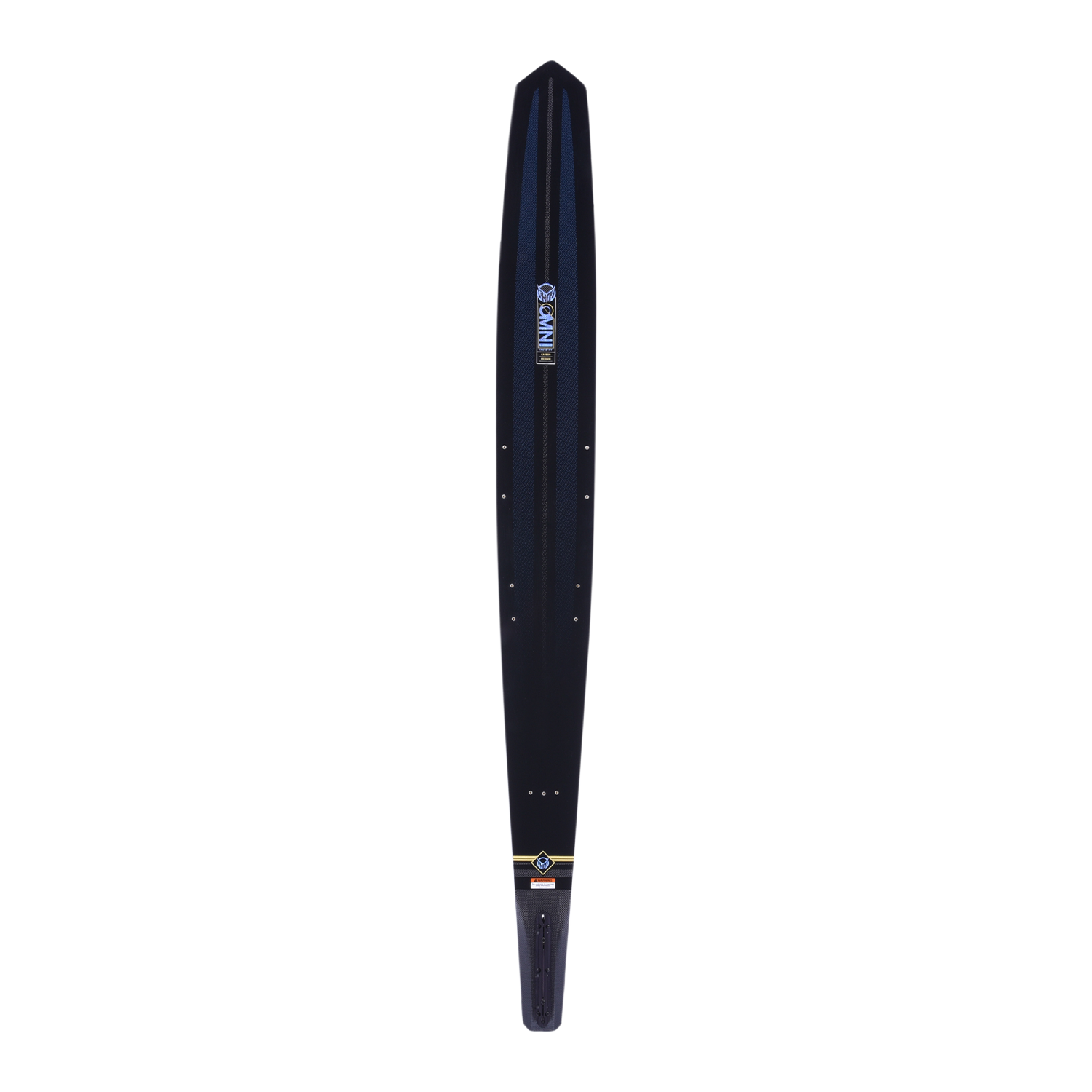 Top view of the Carbon OMNI slalom ski, featuring a black carbon fiber finish with blue and gold accents.