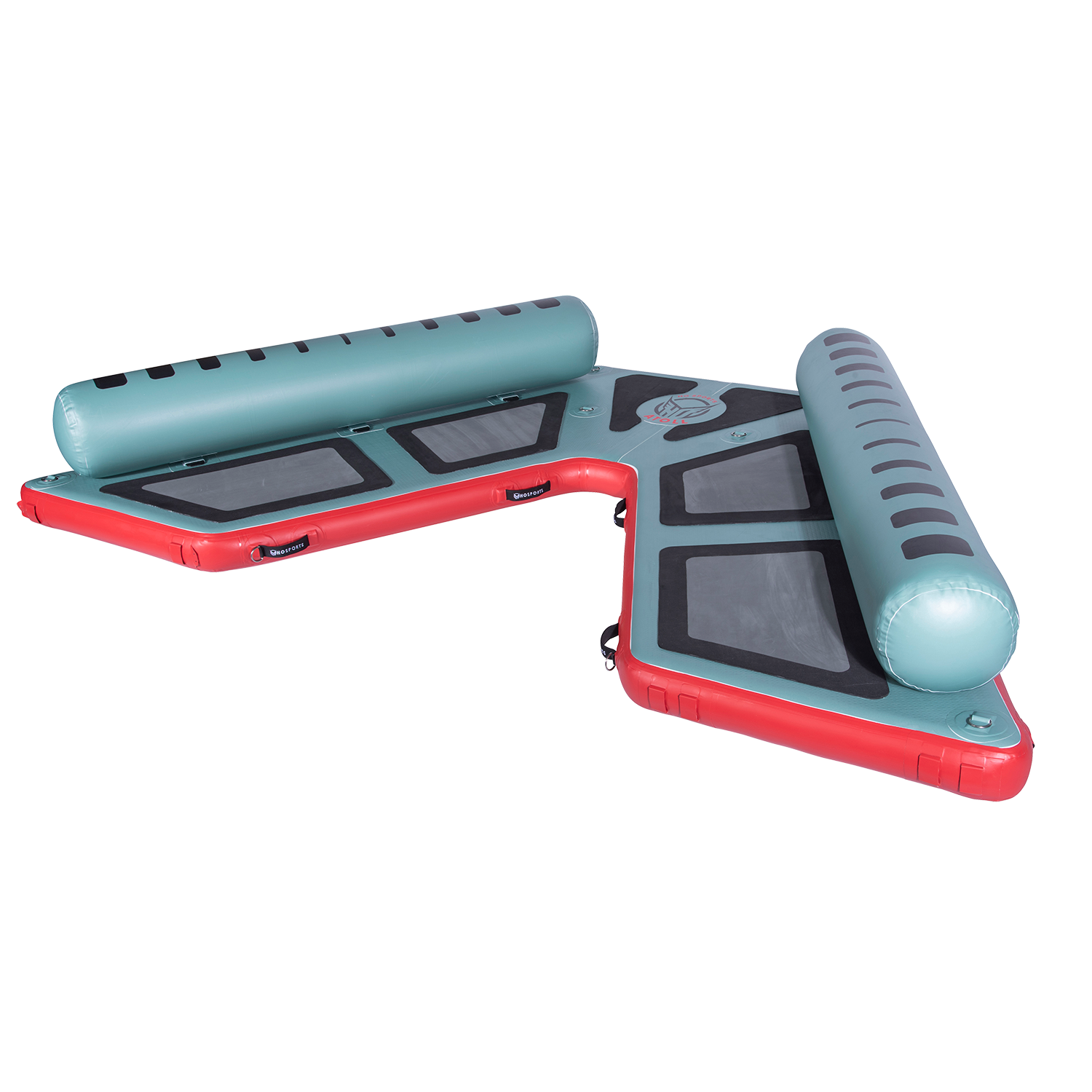 Angled view of the inflatable Hawaii Big Atoll in teal and red with black traction pads and dual side bolsters.