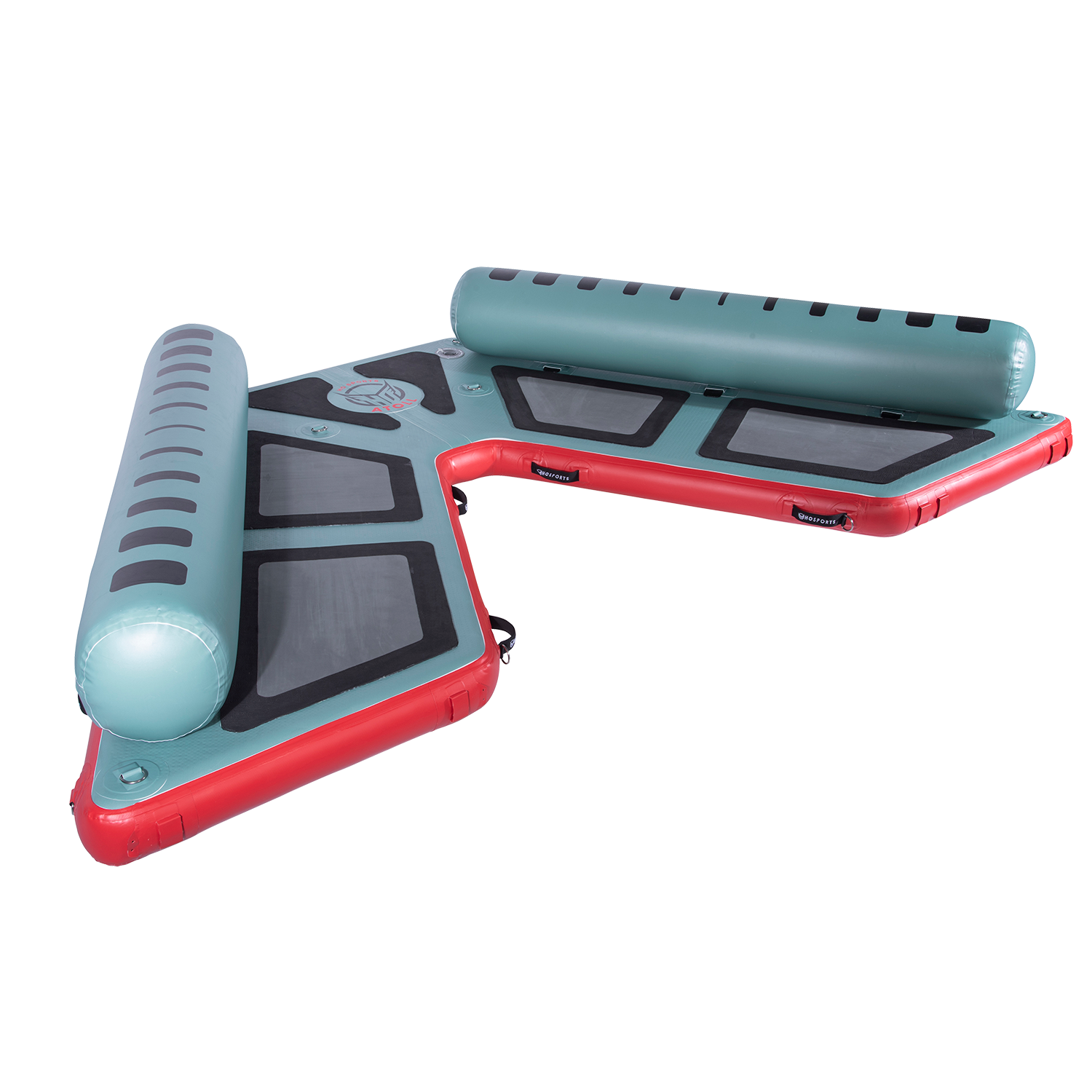 Left-angled view of the inflatable Hawaii Big Atoll in teal and red with black traction pads and dual side bolsters.