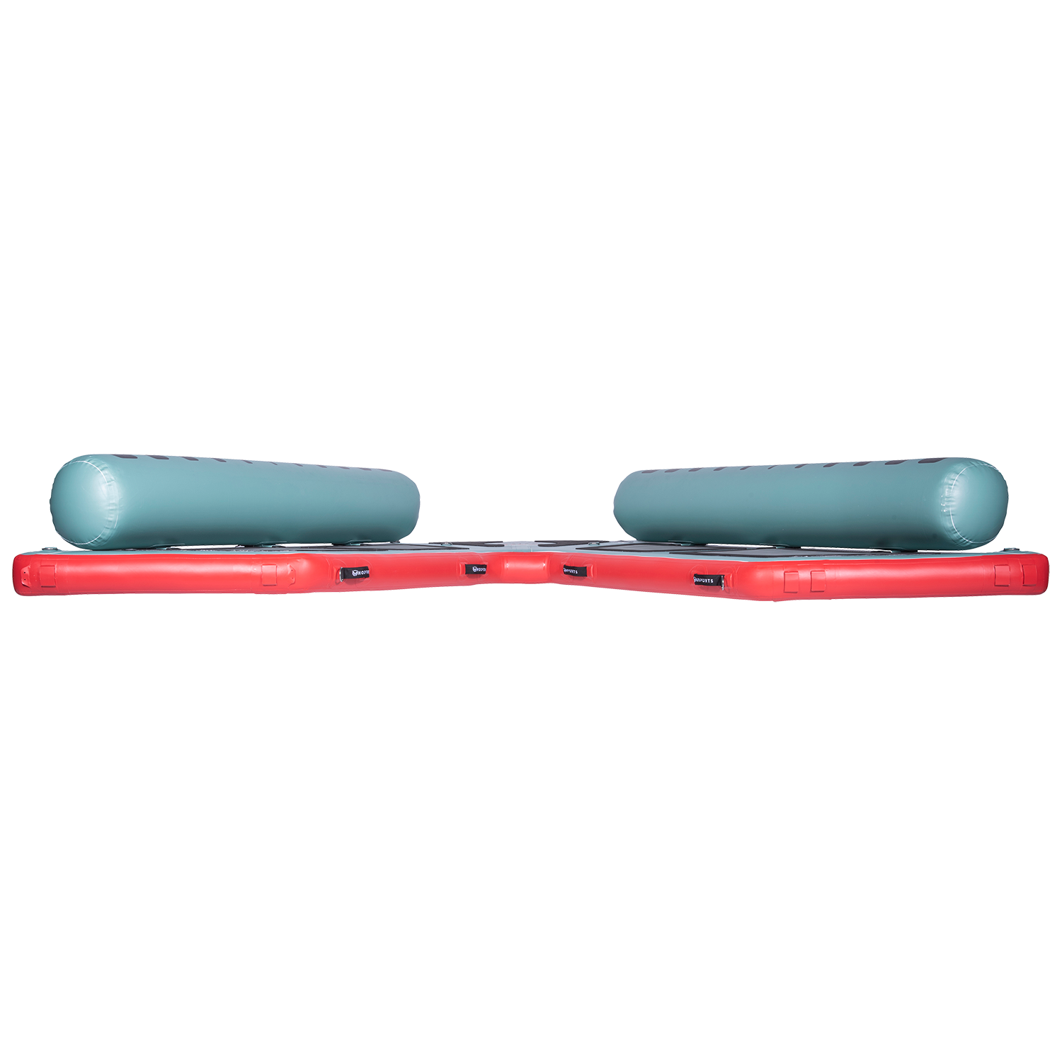 Side view of the inflatable Hawaii Big Atoll in teal and red with black traction pads and dual side bolsters.