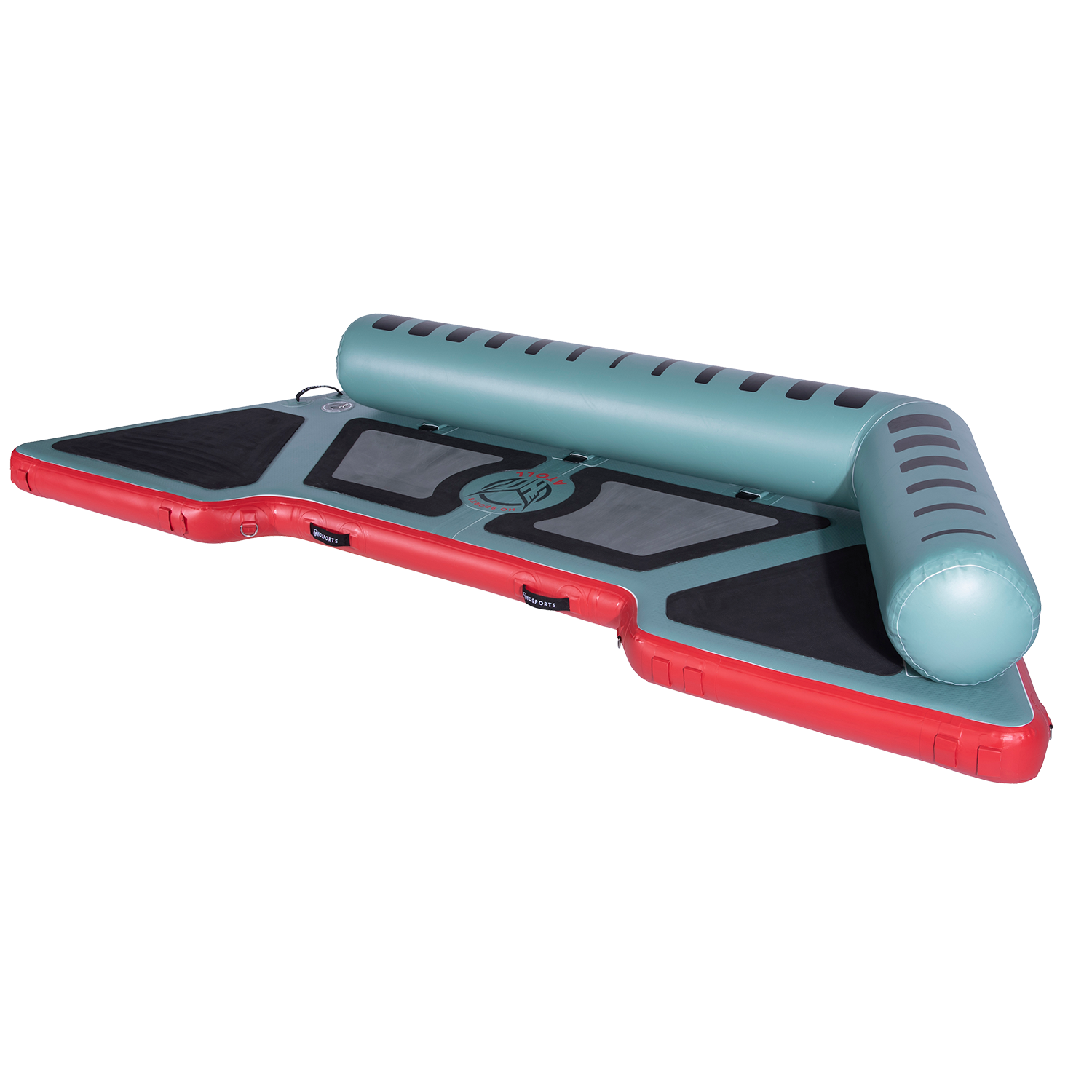 Angled view of the inflatable Hawaii Little Atoll in teal and red with black traction pads and a single side bolster.