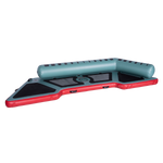 Left-angled view of the inflatable Hawaii Little Atoll in teal and red with black traction pads and a single side bolster.