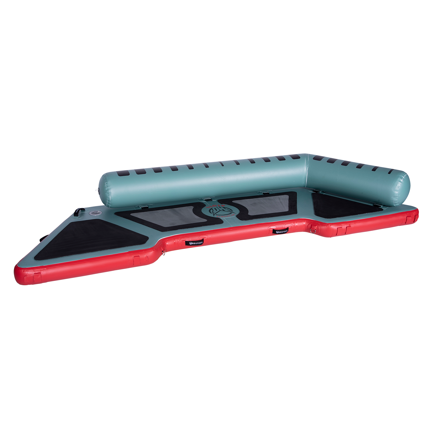 Left-angled view of the inflatable Hawaii Little Atoll in teal and red with black traction pads and a single side bolster.