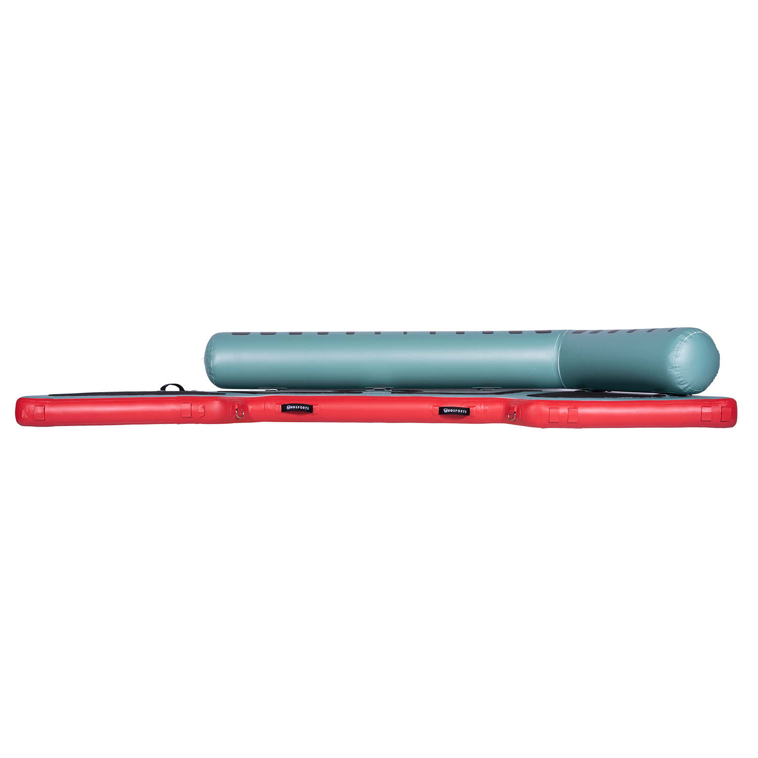 Side view of the inflatable Hawaii Little Atoll in teal and red with black traction pads and a single side bolster.