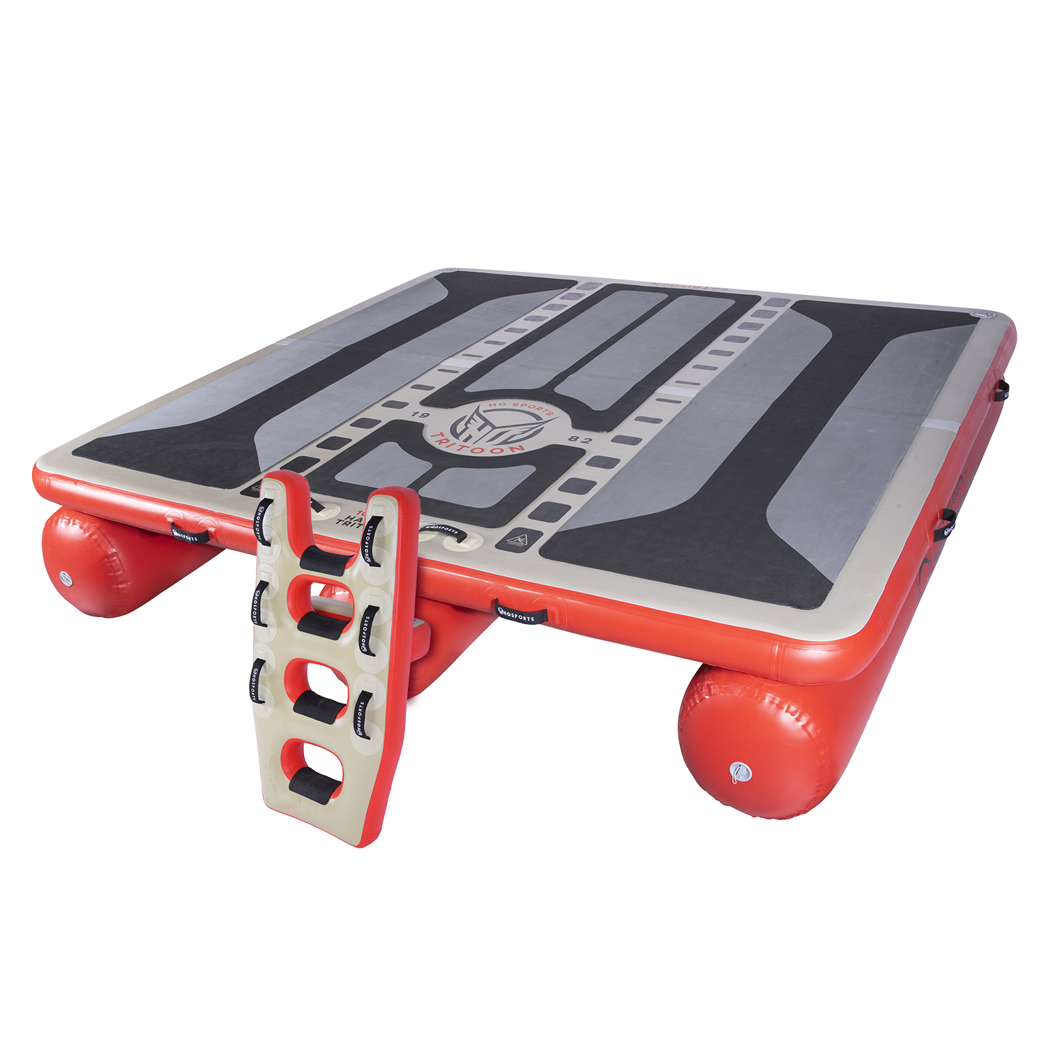 Angled view of the inflatable Hawaii Tritoon platform in grey and red with a black traction surface and ladder attachment.