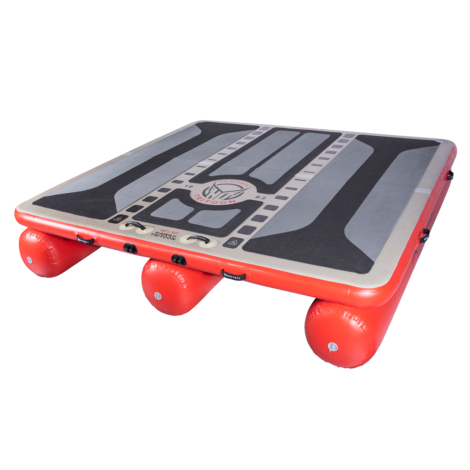 Angled view of the inflatable Hawaii Tritoon platform in grey and red with a black traction surface.