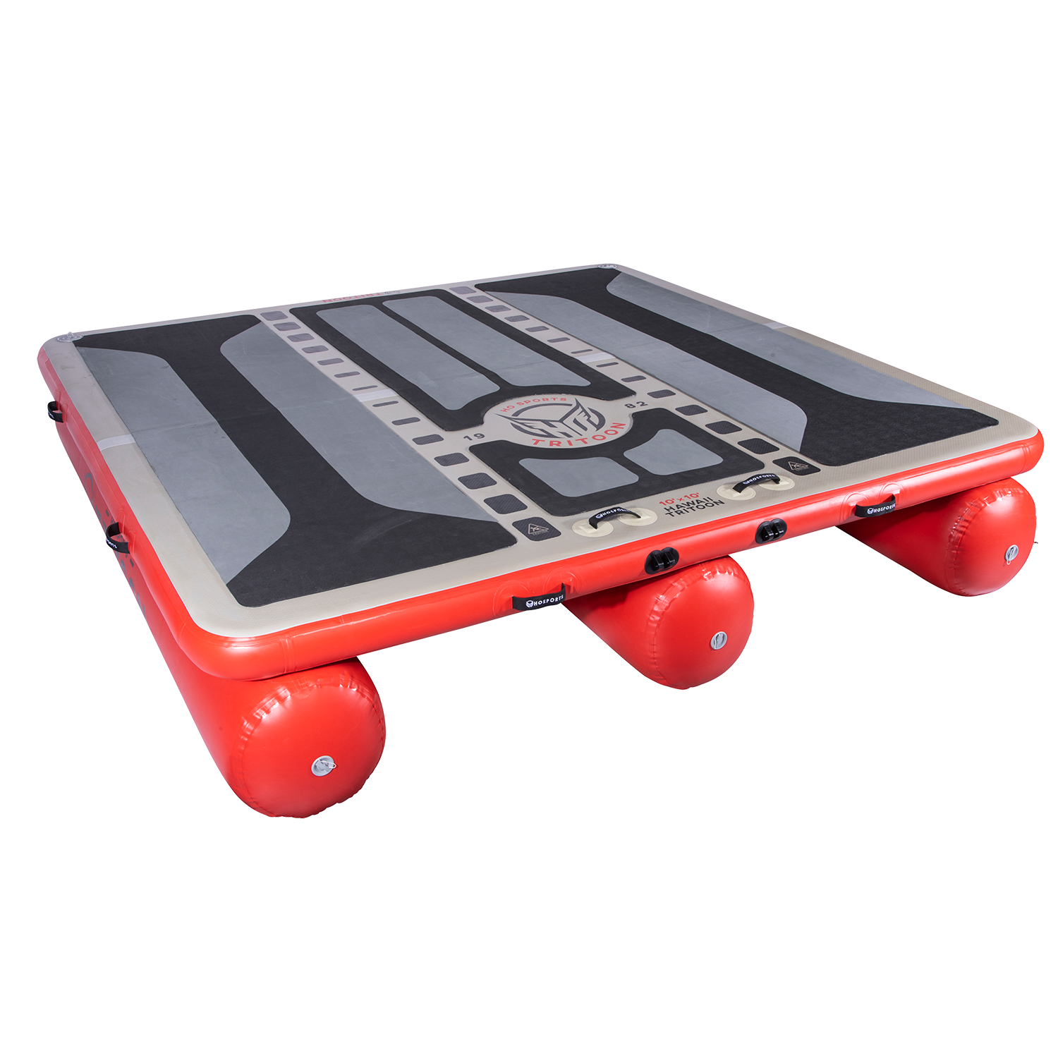 Left-angled view of the inflatable Hawaii Tritoon platform in grey and red with a black traction surface.