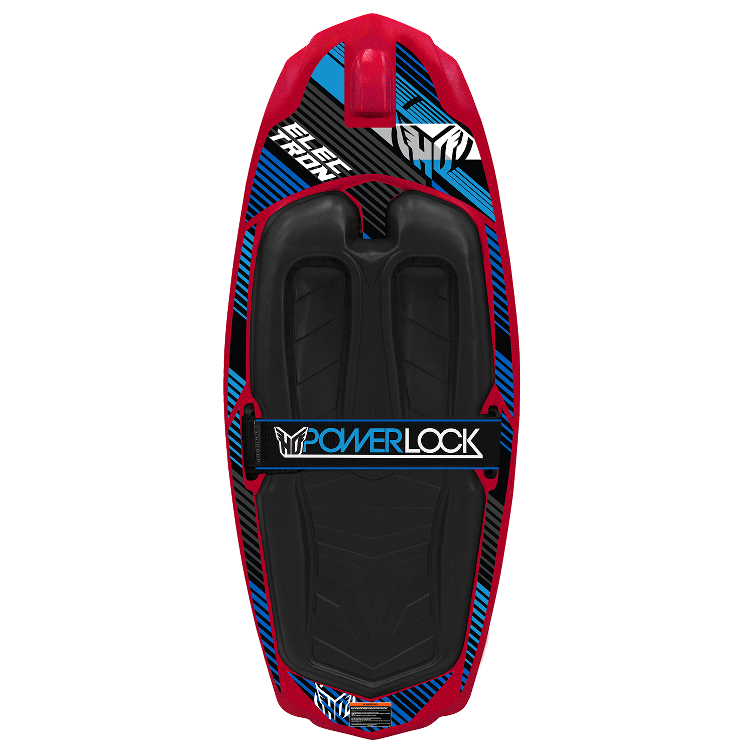 Top view of the Electron kneeboard with a red, black, and blue design, featuring a padded knee area and PowerLock strap.