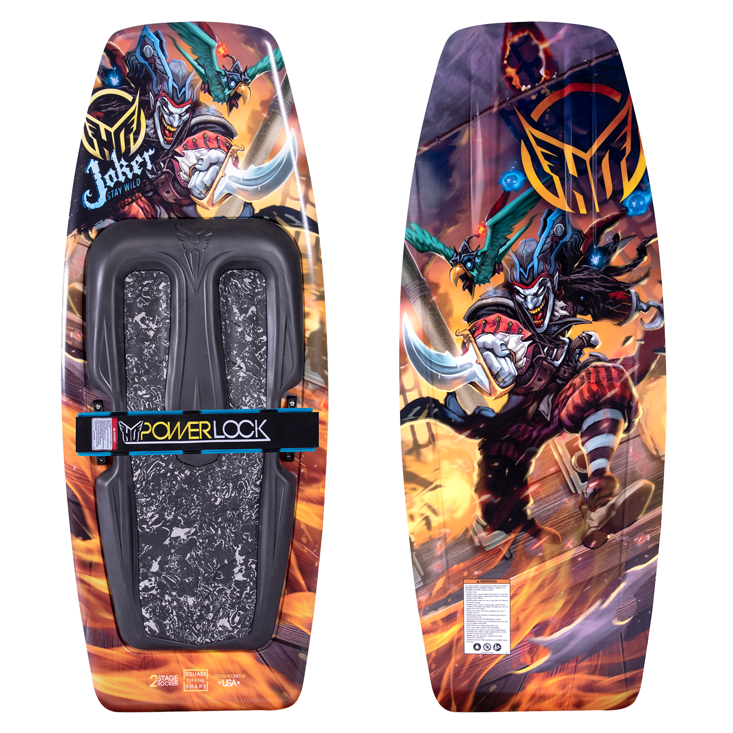 Top and base of the Joker kneeboard showcasing its ergonomic black knee pad, adjustable PowerLock strap, and vibrant artwork.