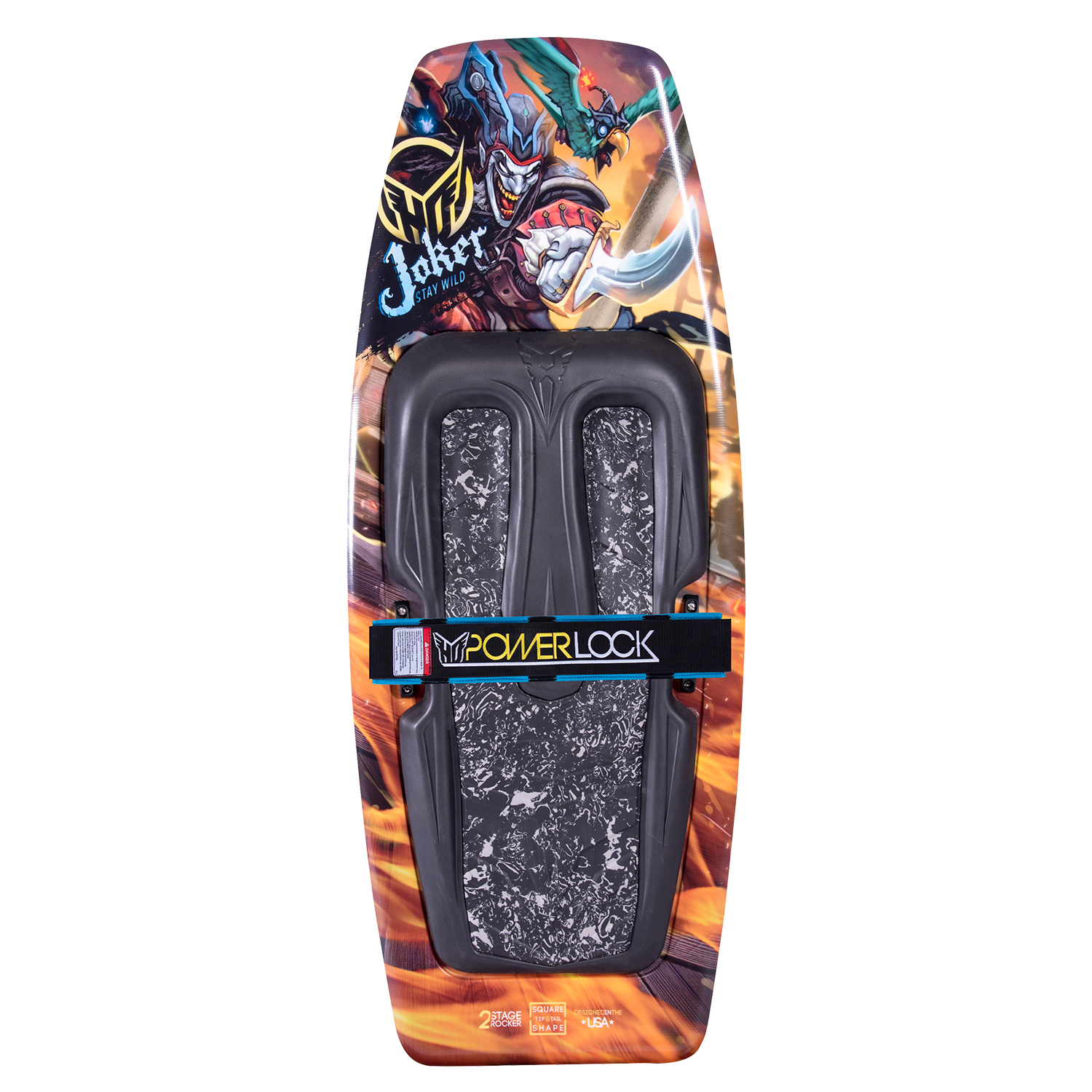 Top view of the Joker kneeboard with a bold pirate clown graphic, PowerLock strap, and cushioned knee pad.