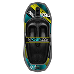 Top view of Neutron kneeboard in black with blue and yellow accents, molded knee pads, and a PowerLock strap.