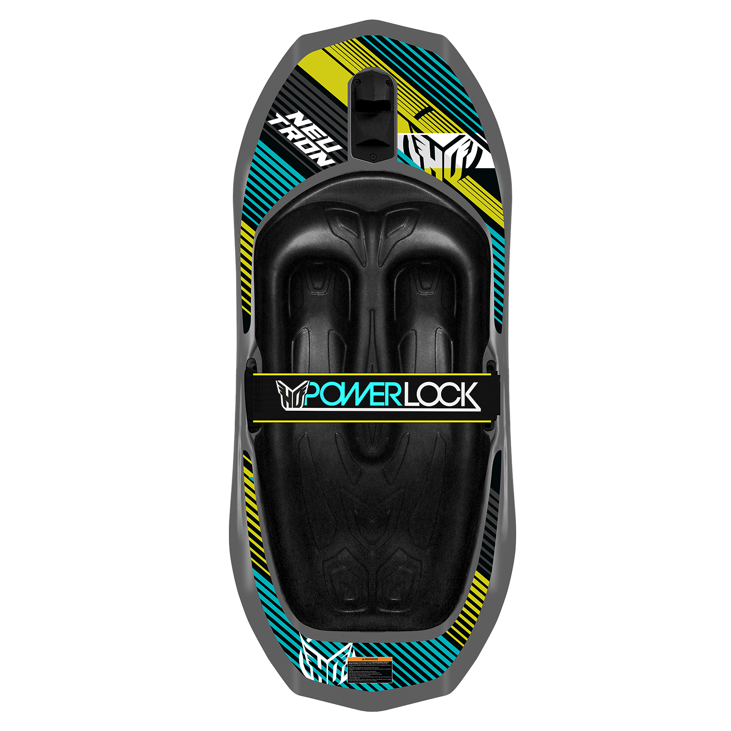 Top view of Neutron kneeboard in black with blue and yellow accents, molded knee pads, and a PowerLock strap.