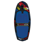 Top view of Proton kneeboard with a blue padded knee area, black Powerlock strap, and a red, black, and blue design.