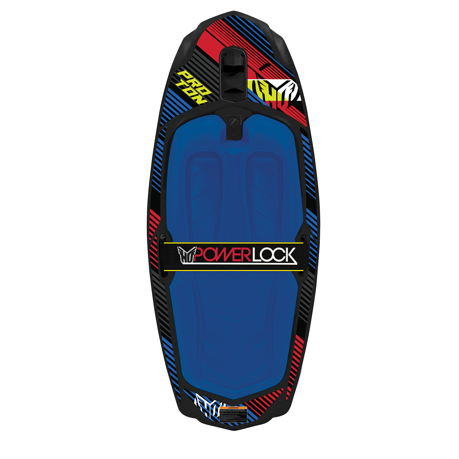 Top view of Proton kneeboard with a blue padded knee area, black Powerlock strap, and a red, black, and blue design.